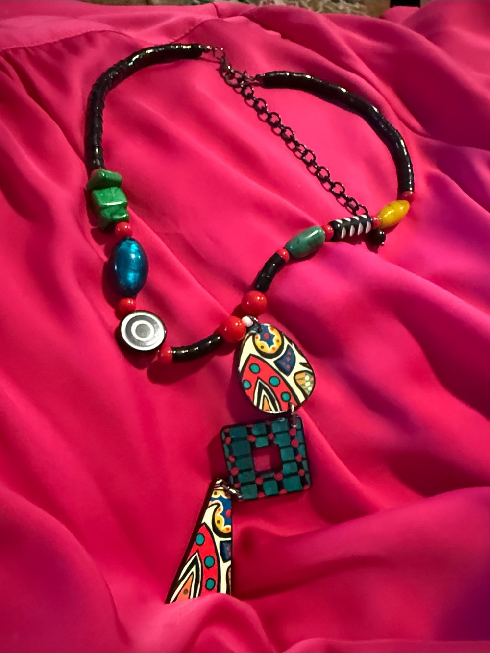 Hand-Painted Multicolor Pendant Necklace with Teal Accents - Picture 5 of 5